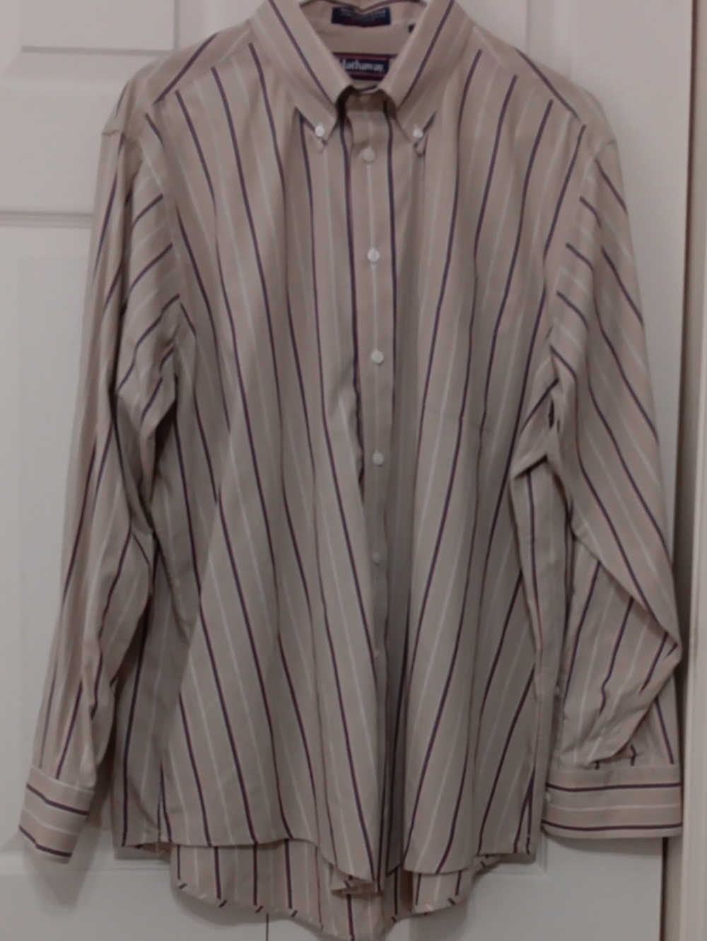 Mens Button-Down Stripe Shirt in Beige with Navy & Burgandy